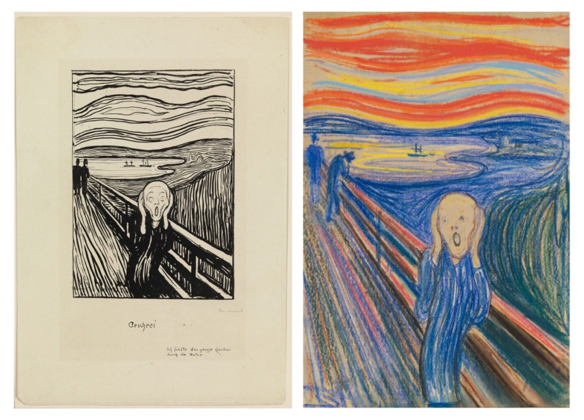 Comparison of Edvard Munch's "The Scream" print and pastel versions showing iconic figure on a bridge with vibrant sky.