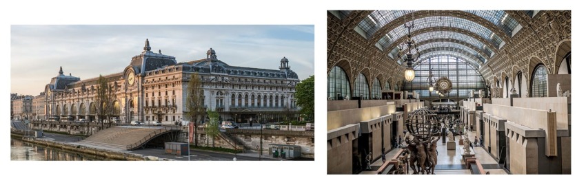 Exterior and interior views of a large, elegant museum with a clock and statues on display.