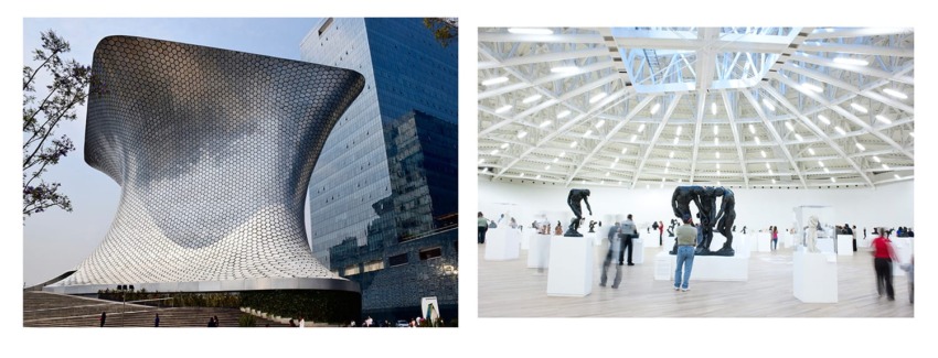 Modern museum exterior with unique curved architecture and spacious interior art gallery with sculptures and visitors.