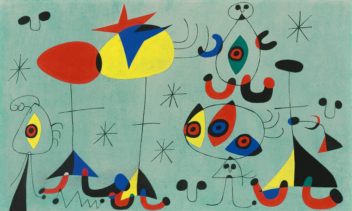 Abstract painting with colorful geometric shapes and lines on a teal background.