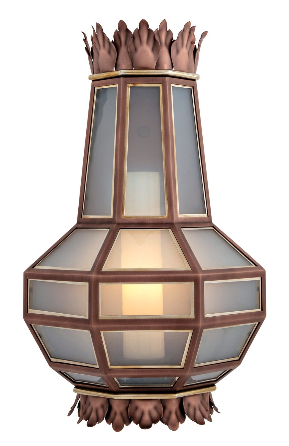 Elegant Art Deco style wall sconce with frosted glass panels and intricate copper detailing.