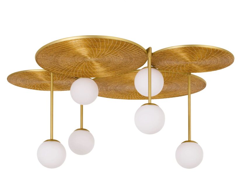 Gold ceiling light fixture with six round white bulbs hanging from circular gold discs.