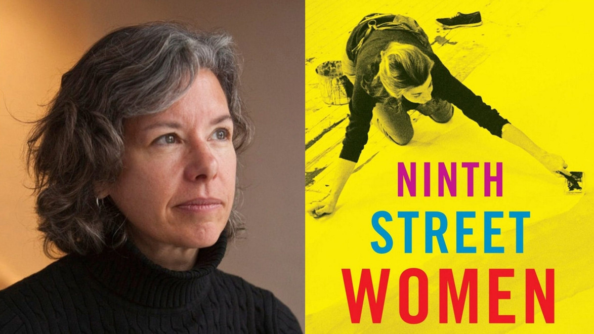 Cover of the book "Ninth Street Women" featuring an author portrait and an artist painting on a large canvas.