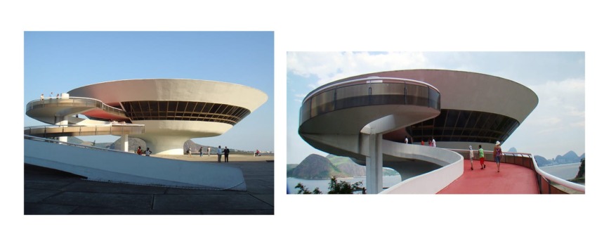 Futuristic white building with a disk shape and red walkway, designed by Oscar Niemeyer, under a clear sky.