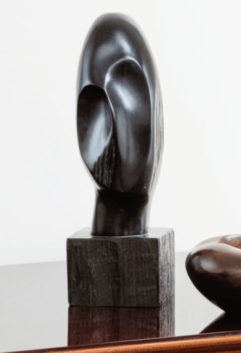 Abstract dark stone sculpture on a wooden table, featuring smooth, flowing shapes and polished surfaces.