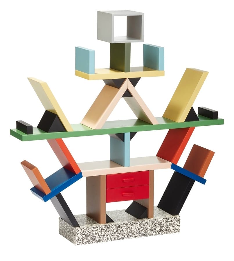 Colorful and abstract Memphis-style bookshelf with geometric shapes and angled shelves.