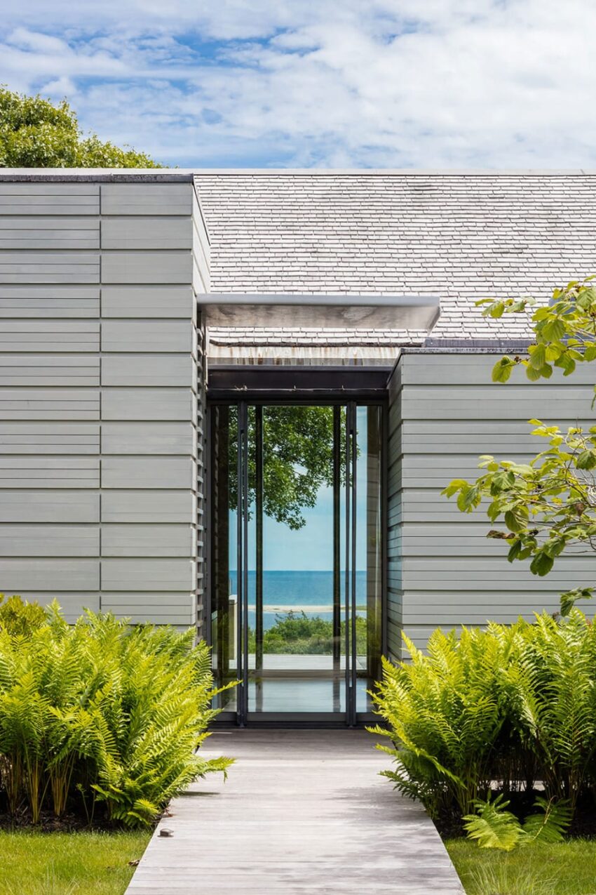 Modern house entrance with glass door, surrounded by green ferns, leading to ocean view under a partly cloudy sky.