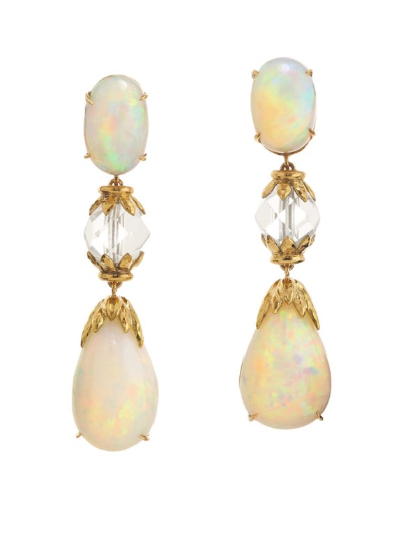 Pair of elegant opal and crystal drop earrings with gold accents displayed against a white background.