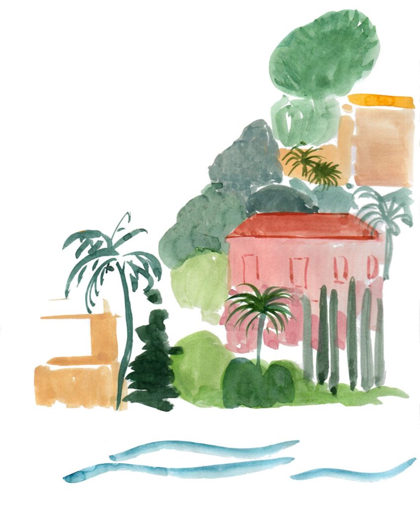 Watercolor landscape with a pink building, palm trees, greenery, and abstract blue waves in the foreground.