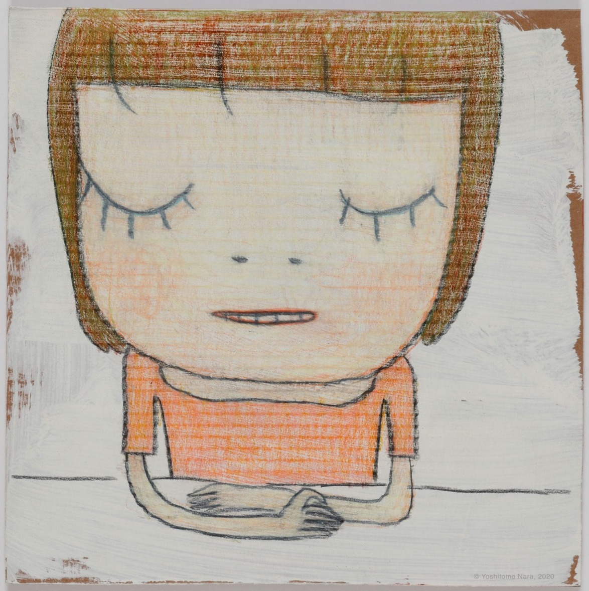 Artwork of a childlike figure with closed eyes, wearing an orange shirt, sitting with hands clasped on a white background.