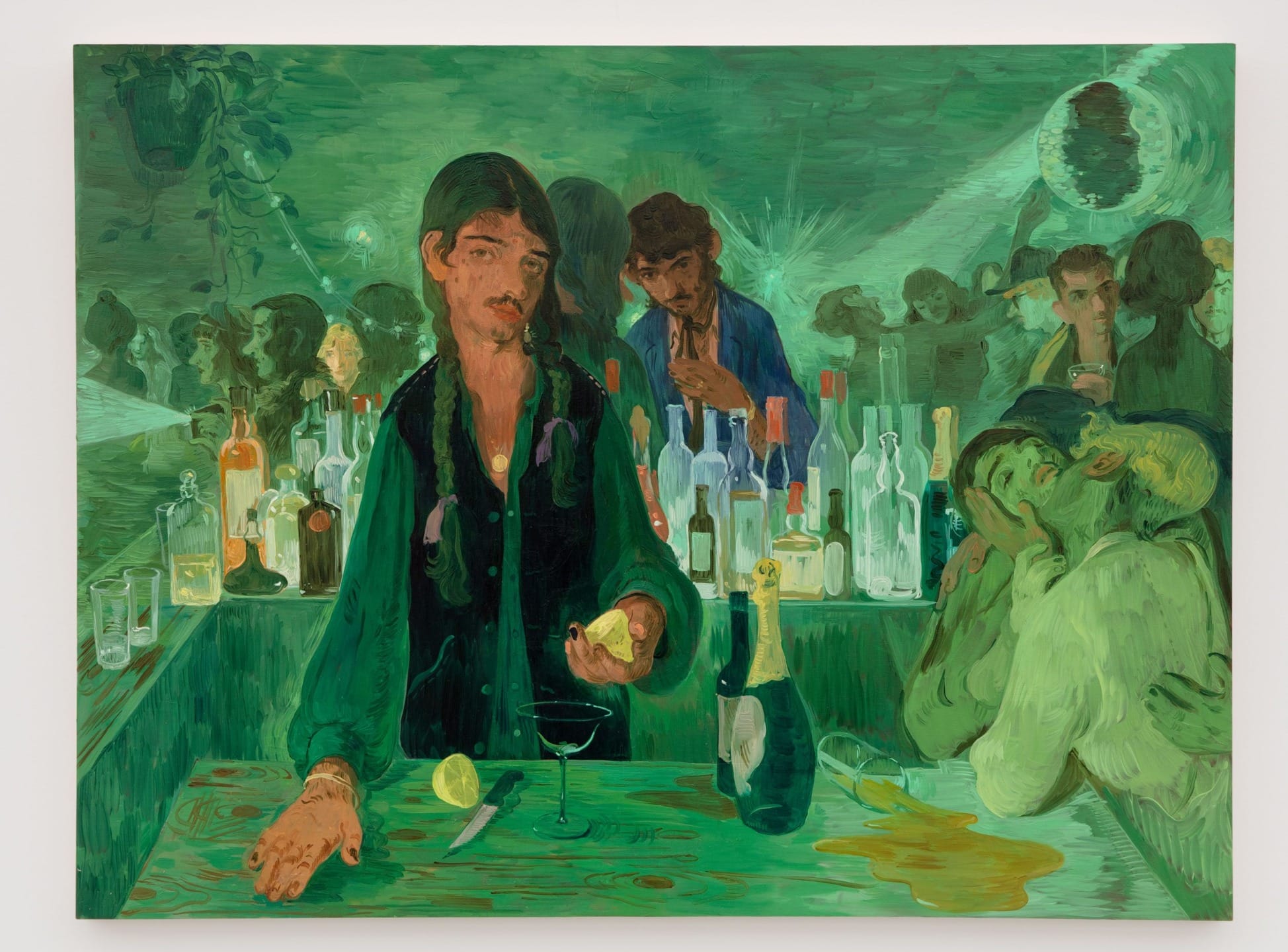 Painting of a bartender with a lemon and bottles, surrounded by people in a green-toned bar setting.