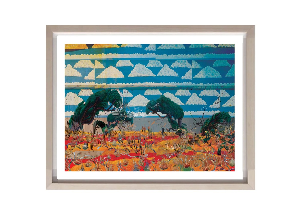 Framed abstract landscape painting with colorful trees, clouds, and vibrant patterns, set in a simple silver frame.