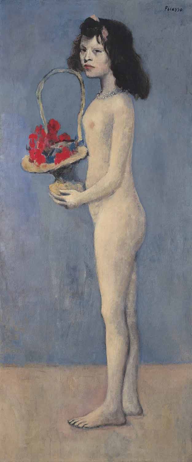Painting of a woman holding a basket of red flowers against a blue background, by an artist from the Blue Period.