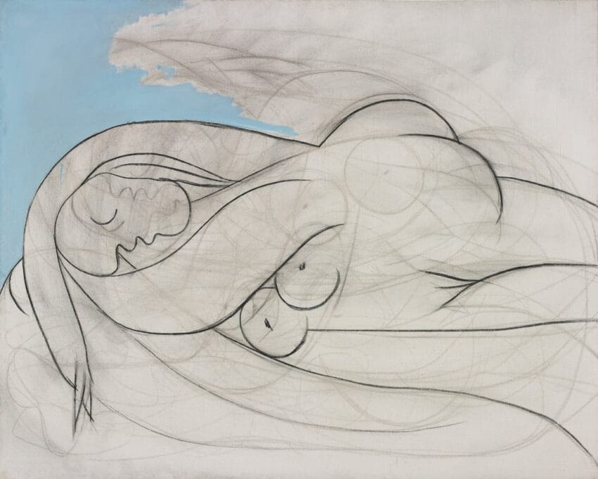 Abstract sketch of a reclining nude woman with swirling lines against a white and blue background, conveying serenity and movement.