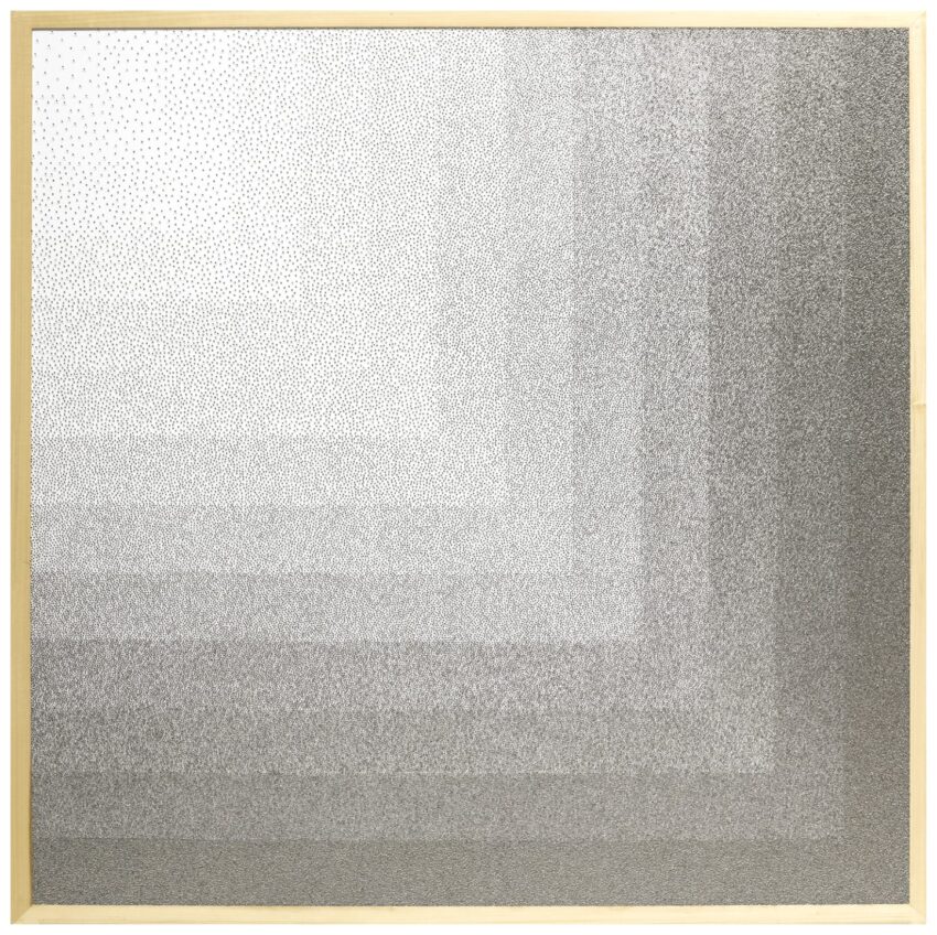 Abstract artwork with gradient pattern of dense black dots transitioning to sparse white, forming geometric shapes on a beige border.