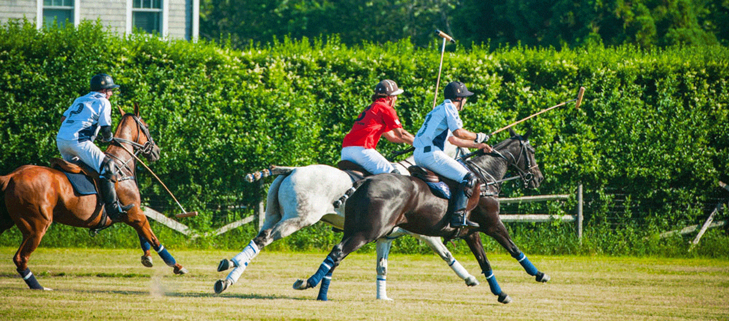 Polo players in action, wearing white and red uniforms, riding horses on a sunny day, lush greenery in the background.