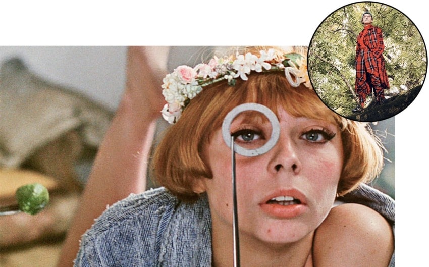 Woman with flower headband blows bubbles, inset of person in plaid suit outdoors.