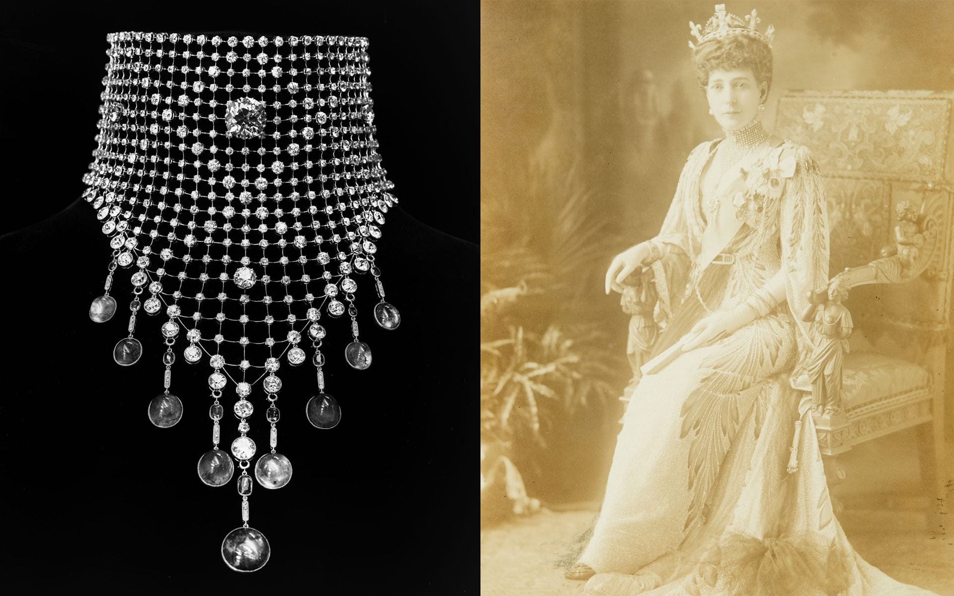 Elaborate diamond choker with intricate mesh design next to a vintage portrait of a regal woman in a gown.