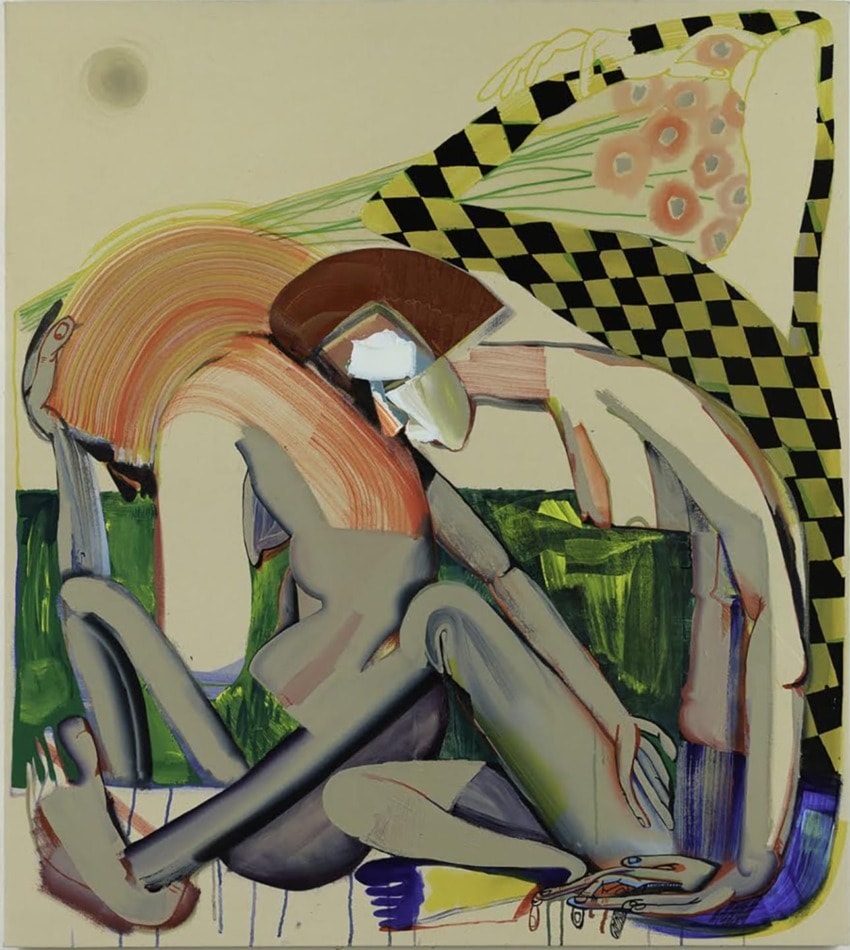 Modern abstract painting with two intertwined figures, featuring bold colors and geometric patterns in the background.