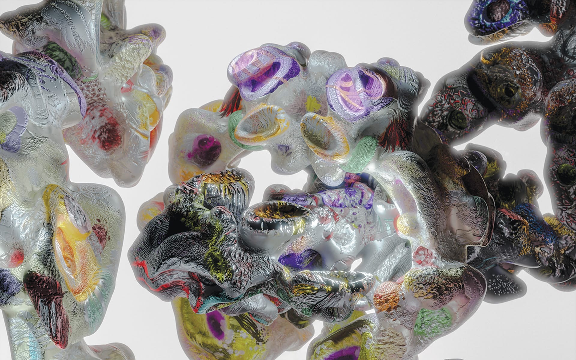 Abstract 3D shapes with colorful textures and intricate patterns against a white background.