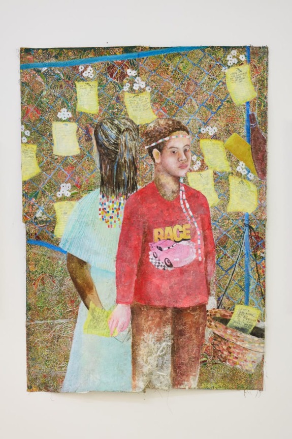 Painting of two people standing in front of a fence covered with notes, featuring vibrant colors and detailed textures.