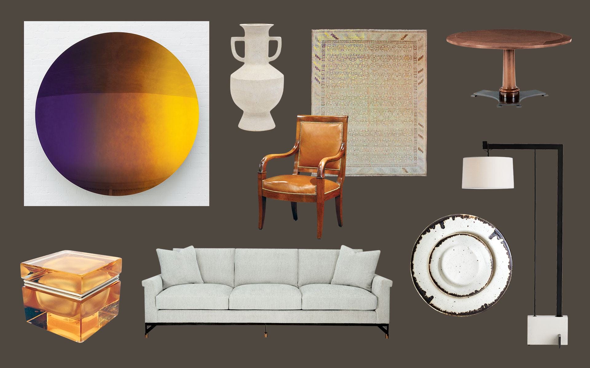 Collage of modern furniture and decor, including a colorful wall art, vases, chair, sofa, table, and lamp on dark background.