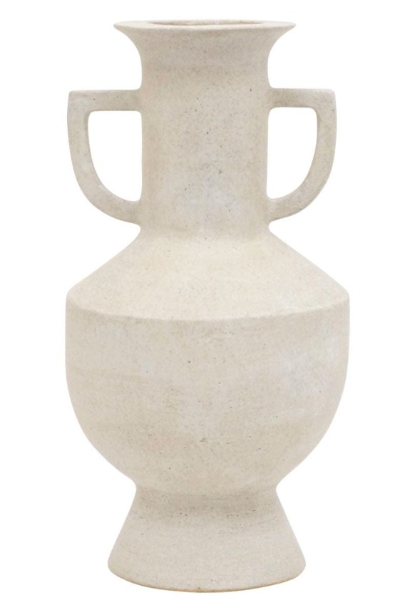 Stone amphora vase with two handles, tall neck, and round base.