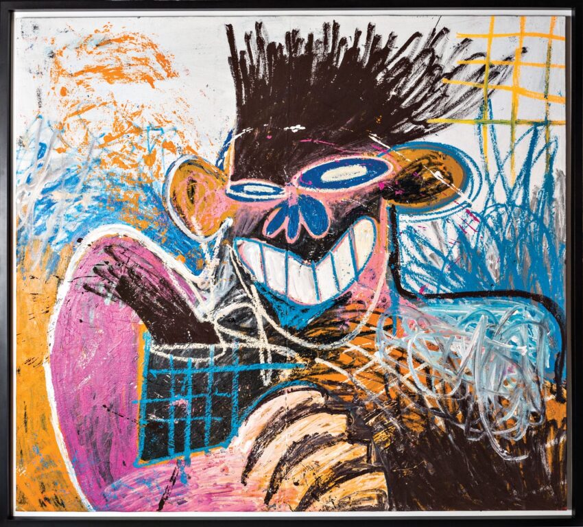 Colorful abstract painting of a figure with a wide grin, textured brushstrokes, and expressive lines in vibrant hues.