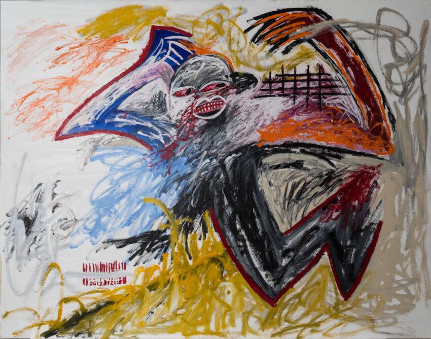 Abstract painting featuring a dynamic, expressive figure with bold colors and energetic brushstrokes against a chaotic background.