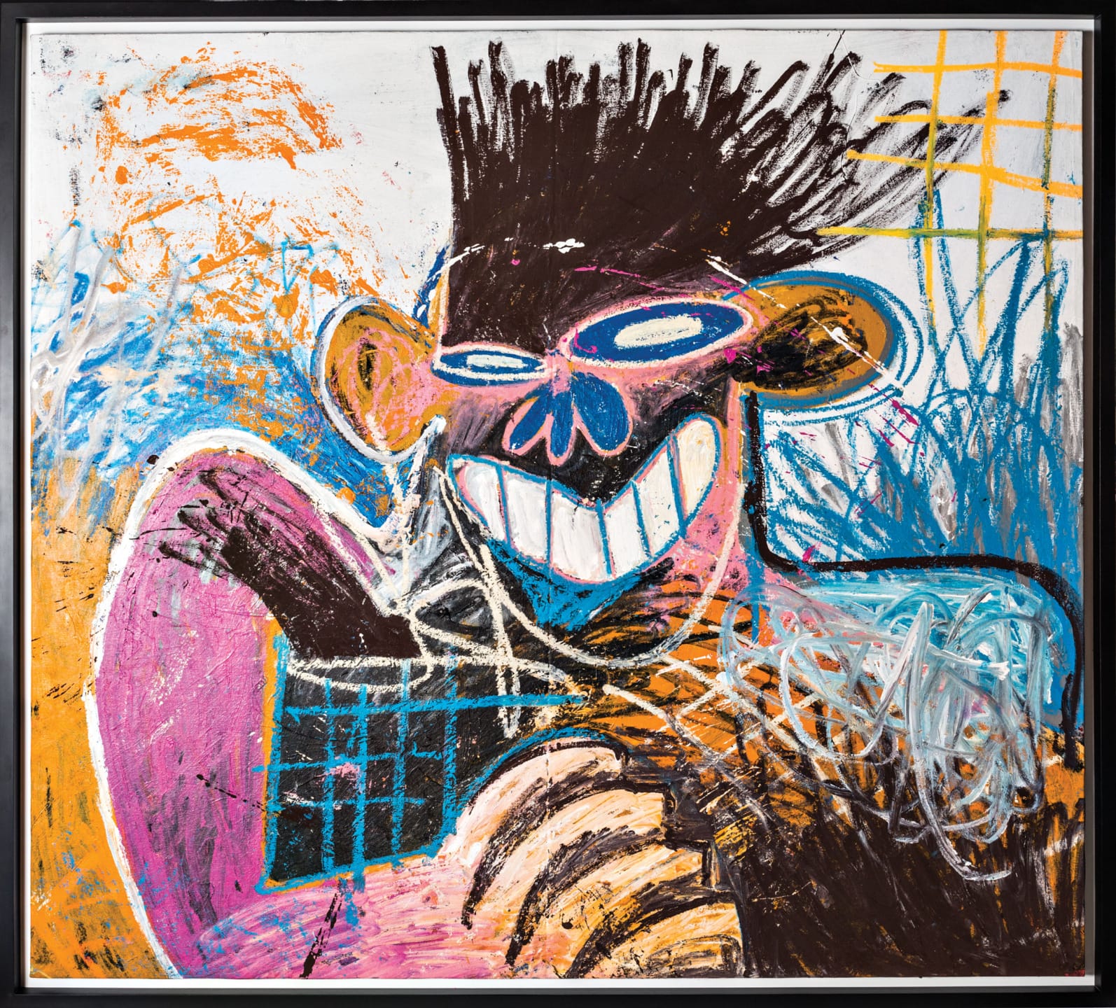 Colorful abstract painting of a figure with a wide grin, vivid brushstrokes, and a dynamic mix of colors and textures.