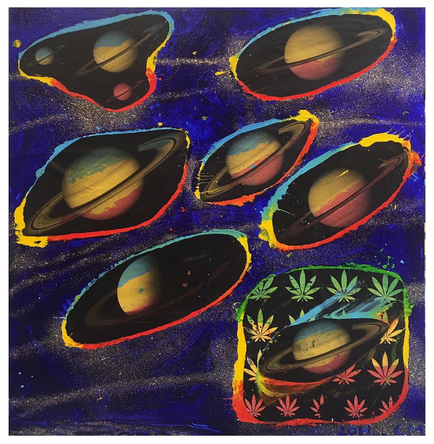 Colorful painting of multiple Saturn planets with bright rings and a section with vibrant cannabis leaves on a dark background.