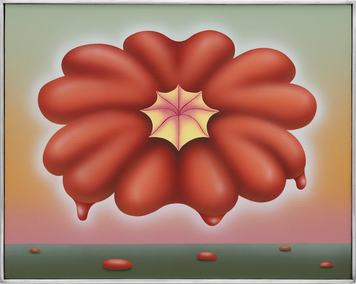 Surreal red flower-like shape with a yellow star center against a gradient background, with red droplets at the bottom.