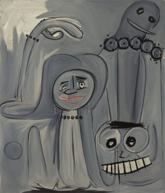 Abstract painting with expressive faces and figures in varying shades of gray, featuring bold outlines and playful expressions.
