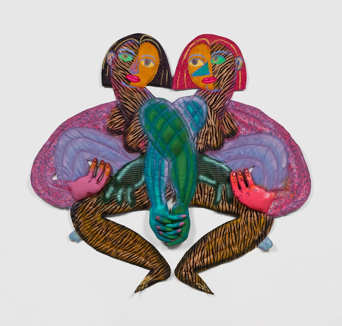 Colorful abstract artwork depicting two intertwined human figures with vibrant patterns and bold outlines.