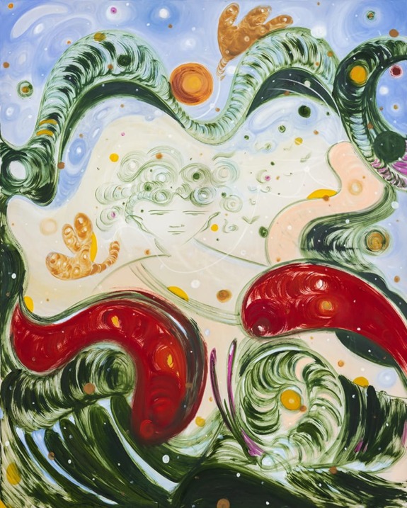 Abstract painting with swirling green, red, and orange shapes on a light background, creating a vibrant and dynamic composition.