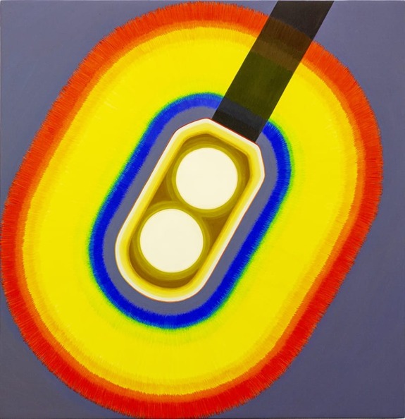 Abstract painting with vibrant concentric ovals in red, yellow, and blue around a central double circle on a gray background