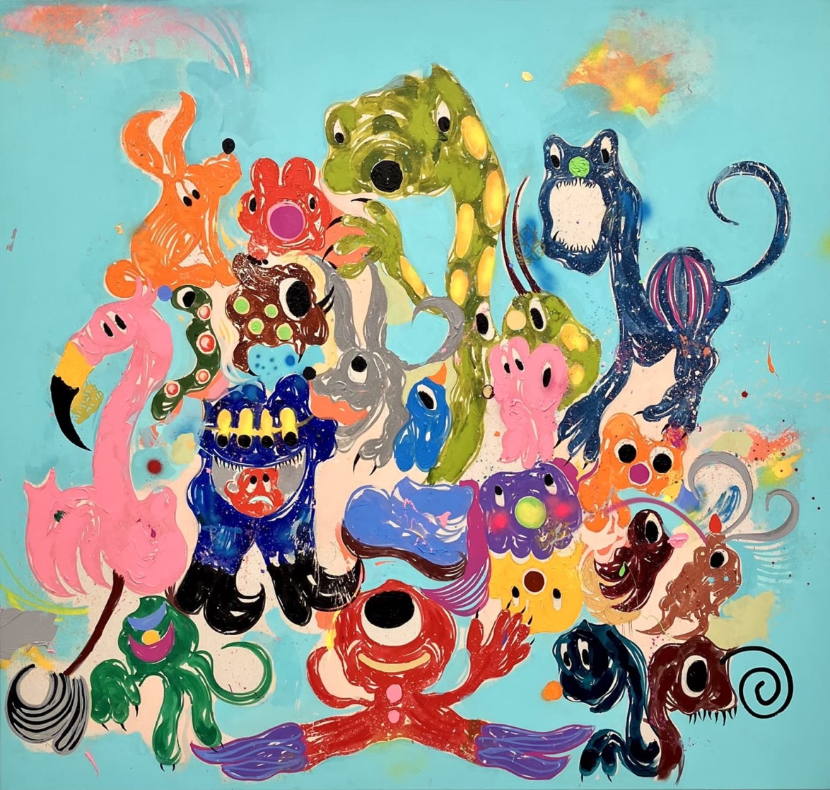 Colorful abstract painting featuring various whimsical animal-like creatures on a light blue background.