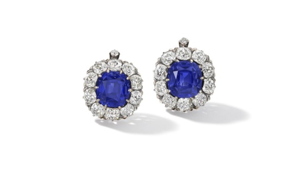 Two cushion-cut Kashmir Sapphire Earrings. 8 carats each stone. Photo: Bonhams