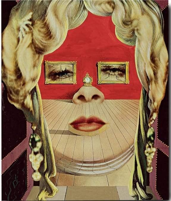 Surreal art depicting a face with hair as room decor and eyes as framed pictures on a wall with a red background.