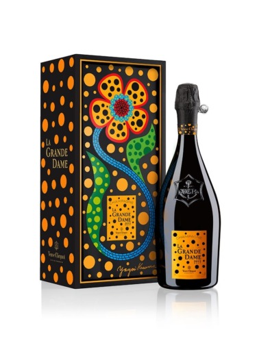 La Grande Dame limited edition bottle and colorful box designed with vibrant flower art by Yayoi Kusama.