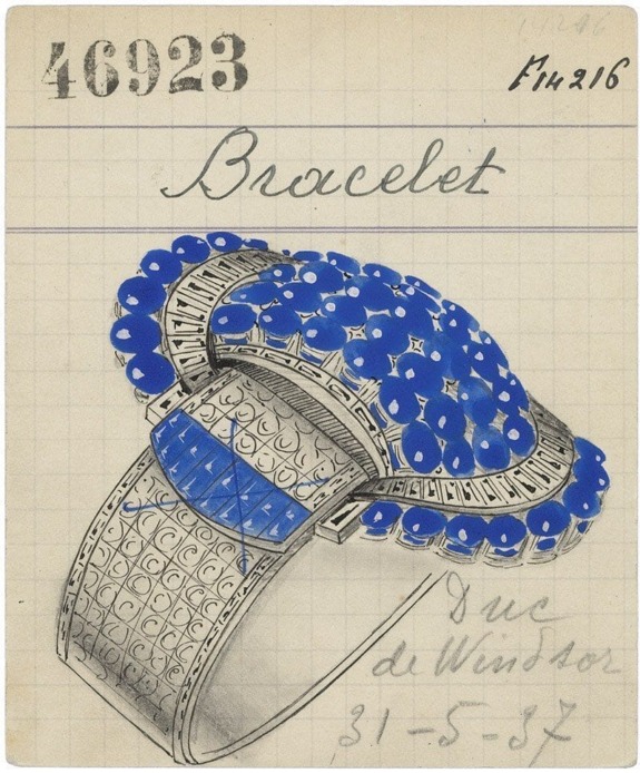 Sketch of a jeweled bracelet with blue gems and intricate detailing, labeled Bracelet, dated 31-5-87.