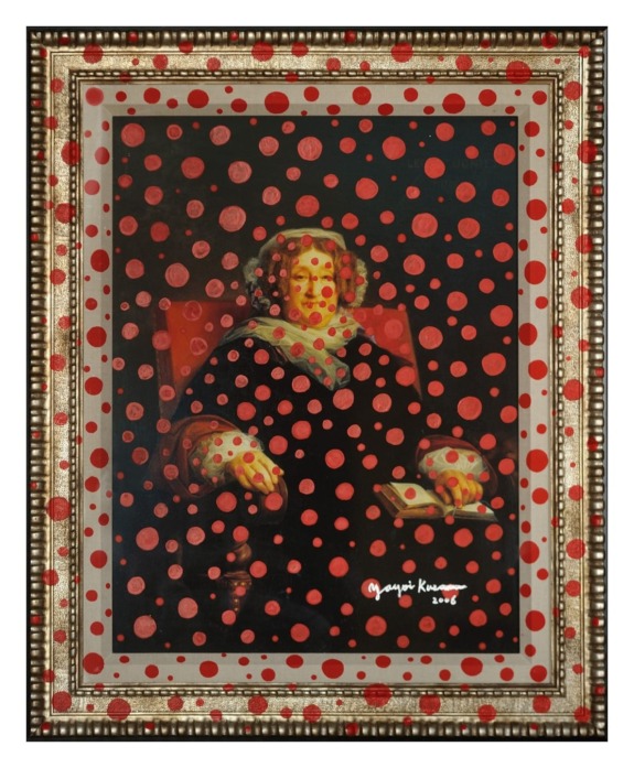 Painting of a seated person with red polka dots overlay, in a decorative frame, signed by Yayoi Kusama.