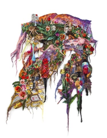 Colorful tapestry with abstract floral patterns, vibrant tulips, and textured layers creating a dynamic, artistic composition.