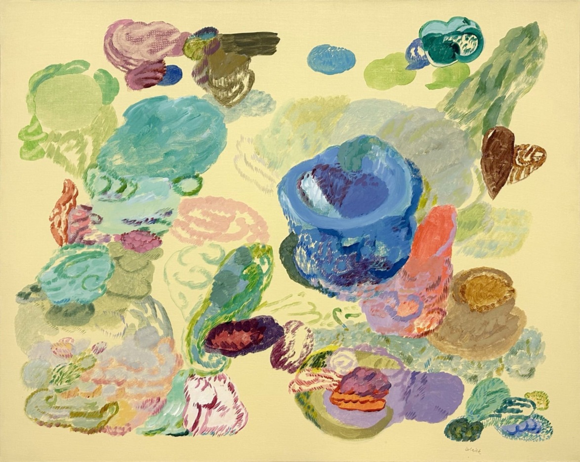 Abstract painting with colorful, swirling shapes in blue, green, pink, and brown tones on a yellow background.
