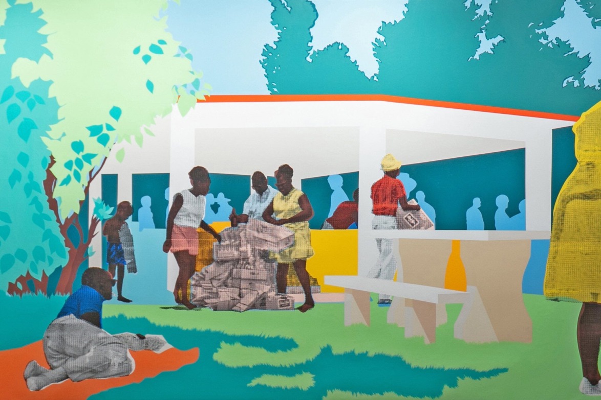 Colorful artwork depicting people interacting in a vibrant outdoor setting with trees and modern architecture.