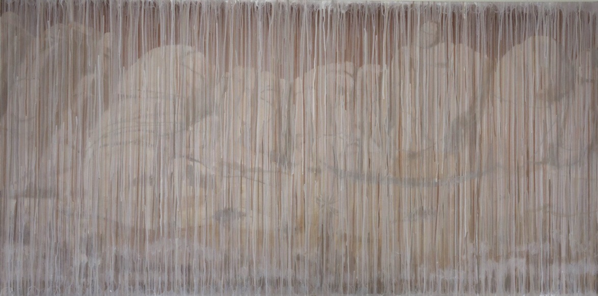 Abstract painting with vertical drips and soft earth tones creating a layered and textured appearance.