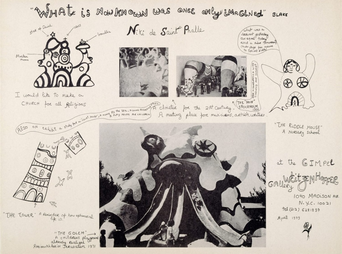 Hand-drawn sketches and photos by Niki de Saint Phalle, featuring artistic designs and quotes about imagination and architecture.