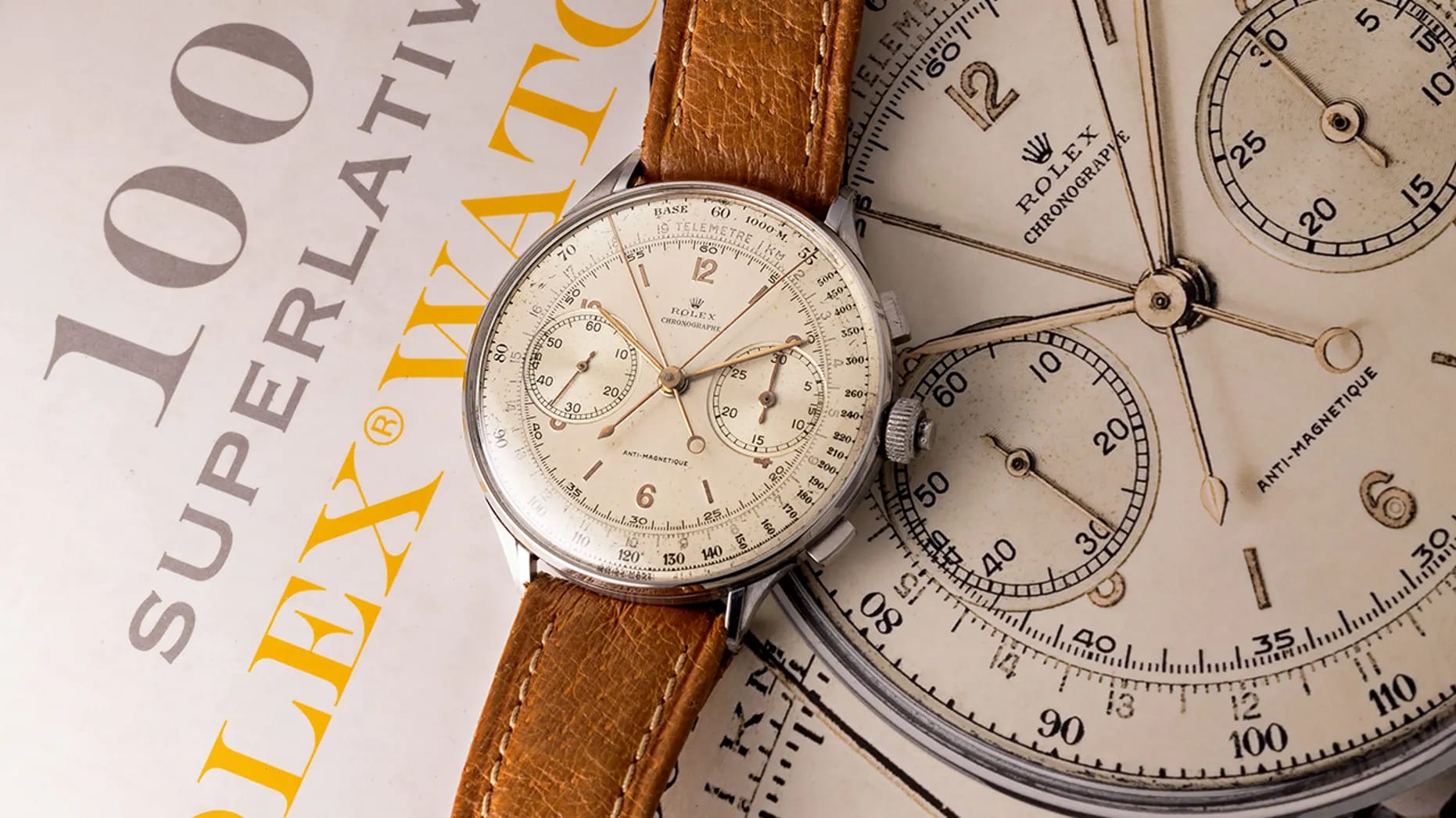 Vintage luxury watch with a brown leather strap displayed on a Rolex catalog showing detailed golden watch illustrations.