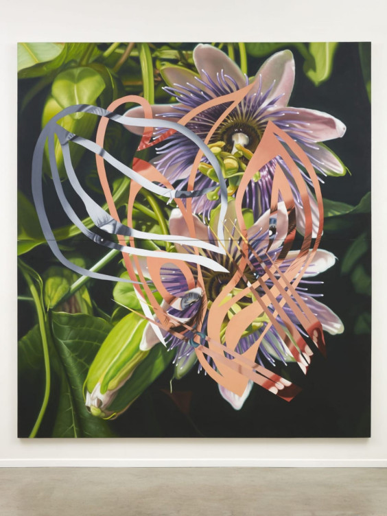 Colorful abstract art with swirling patterns overlaid on a background of lush green leaves and vibrant pink flowers.