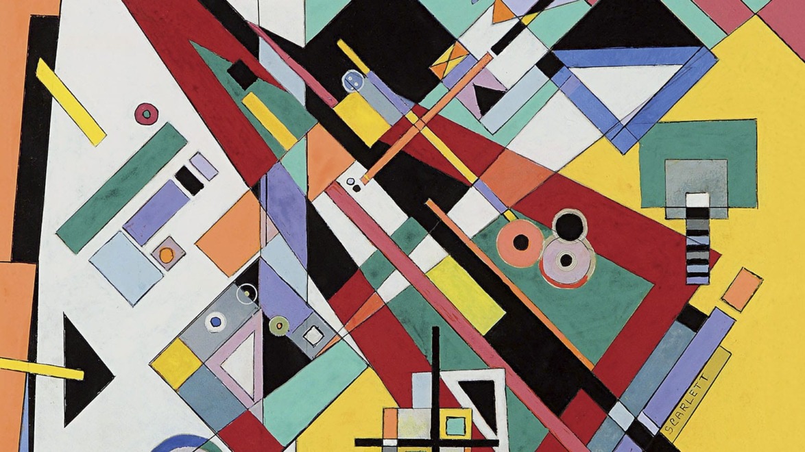 Abstract geometric painting with colorful shapes and intersecting lines on a vibrant background.